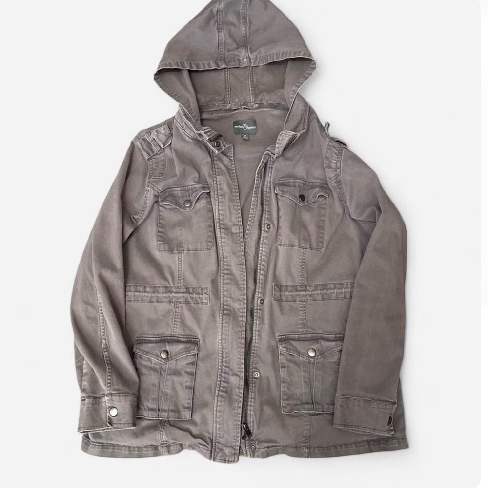 Grey hooded jacket with multiple pockets